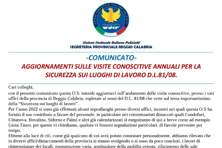 COMUNICATO - Aggiornamenti sulle visite conoscitive annuali per la sicurezza sui luoghi di lavoro D.L. 81/08